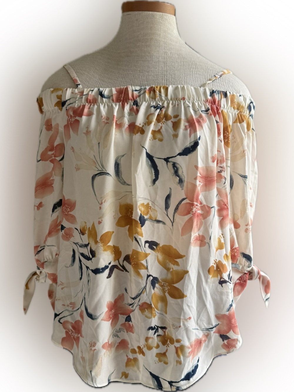 A. Byer Cream Off-Shoulder Floral Blouse with Pink & Mustard